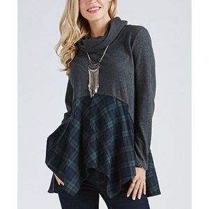 Suzanne Betro | Charcoal Gray & Green Plaid-Accent Cowl-Neck Top Large